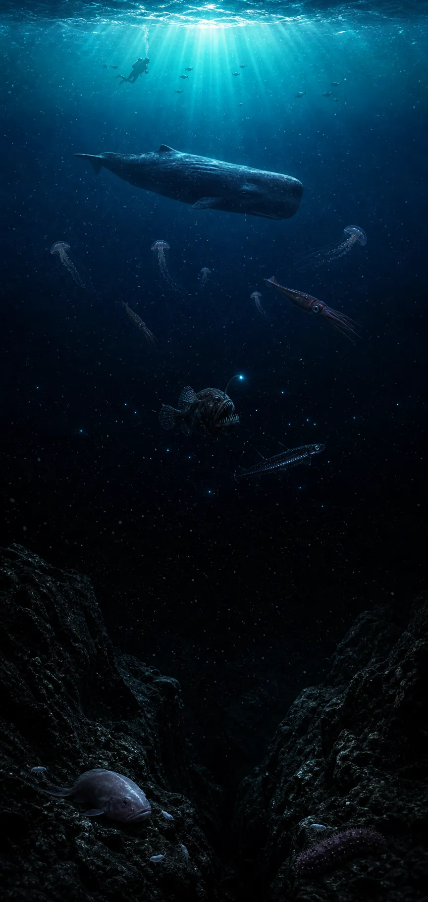 Illustration of the ocean from the sunlit surface, past a sperm whale, jellyfish and an anglerfish, down to a snailfish on the floor of a deep trench.